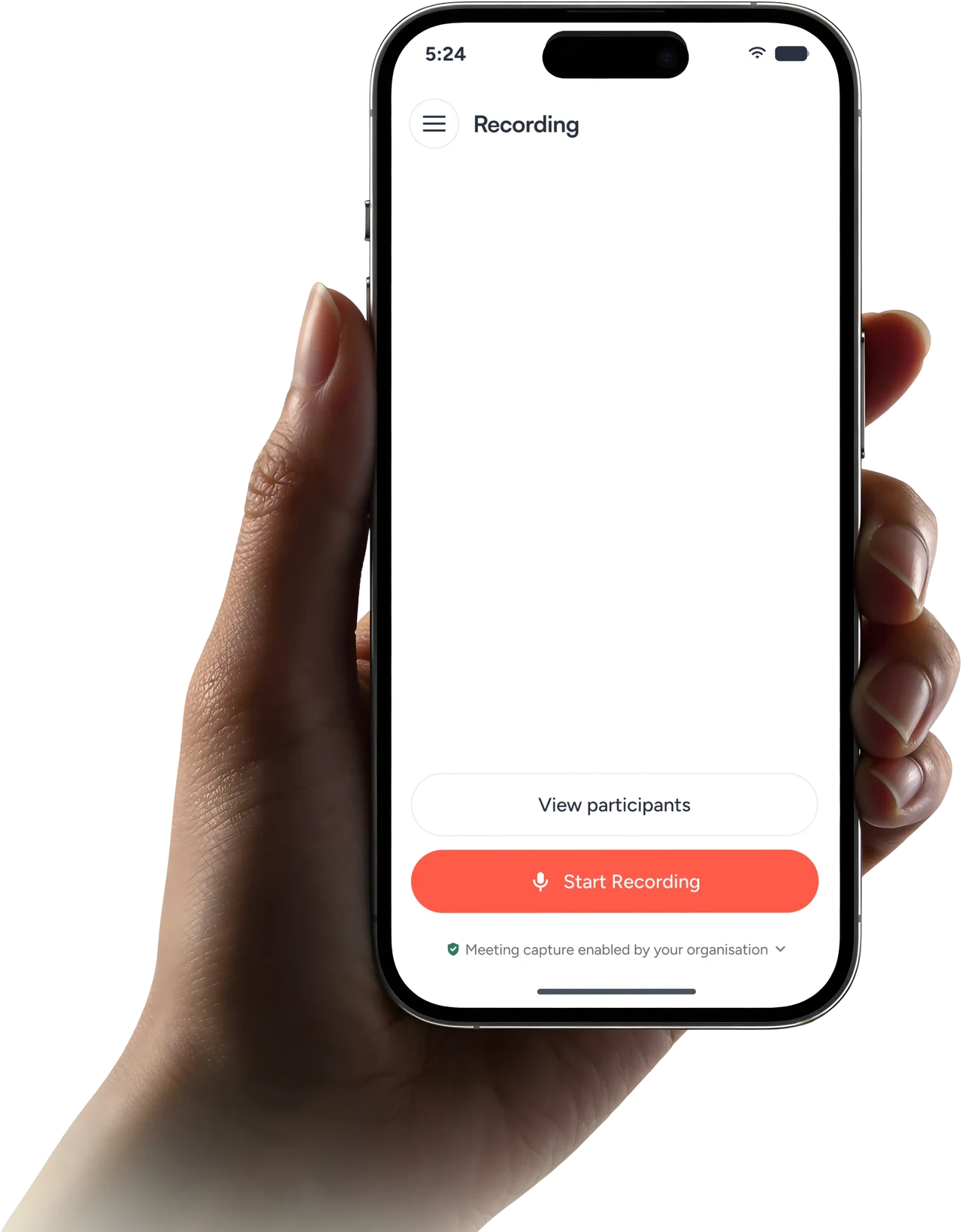A phone showing the app's meeting screen: a ring of participants, 15 nearby, and a Start Recording button.